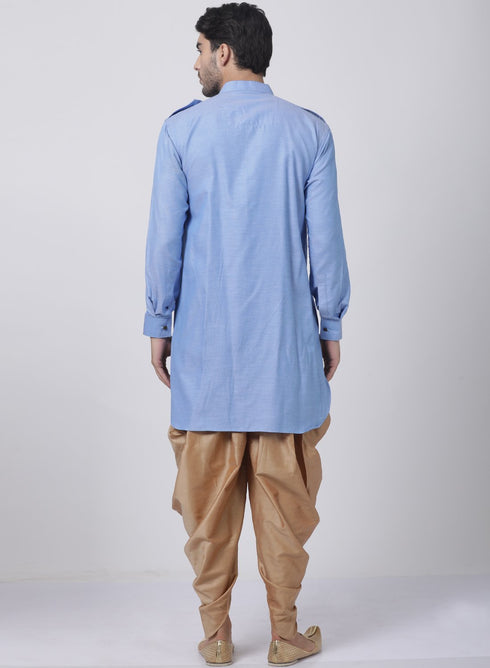 VASTRAMAY Men's Blue Cotton Blend Kurta and Dhoti Pant Set